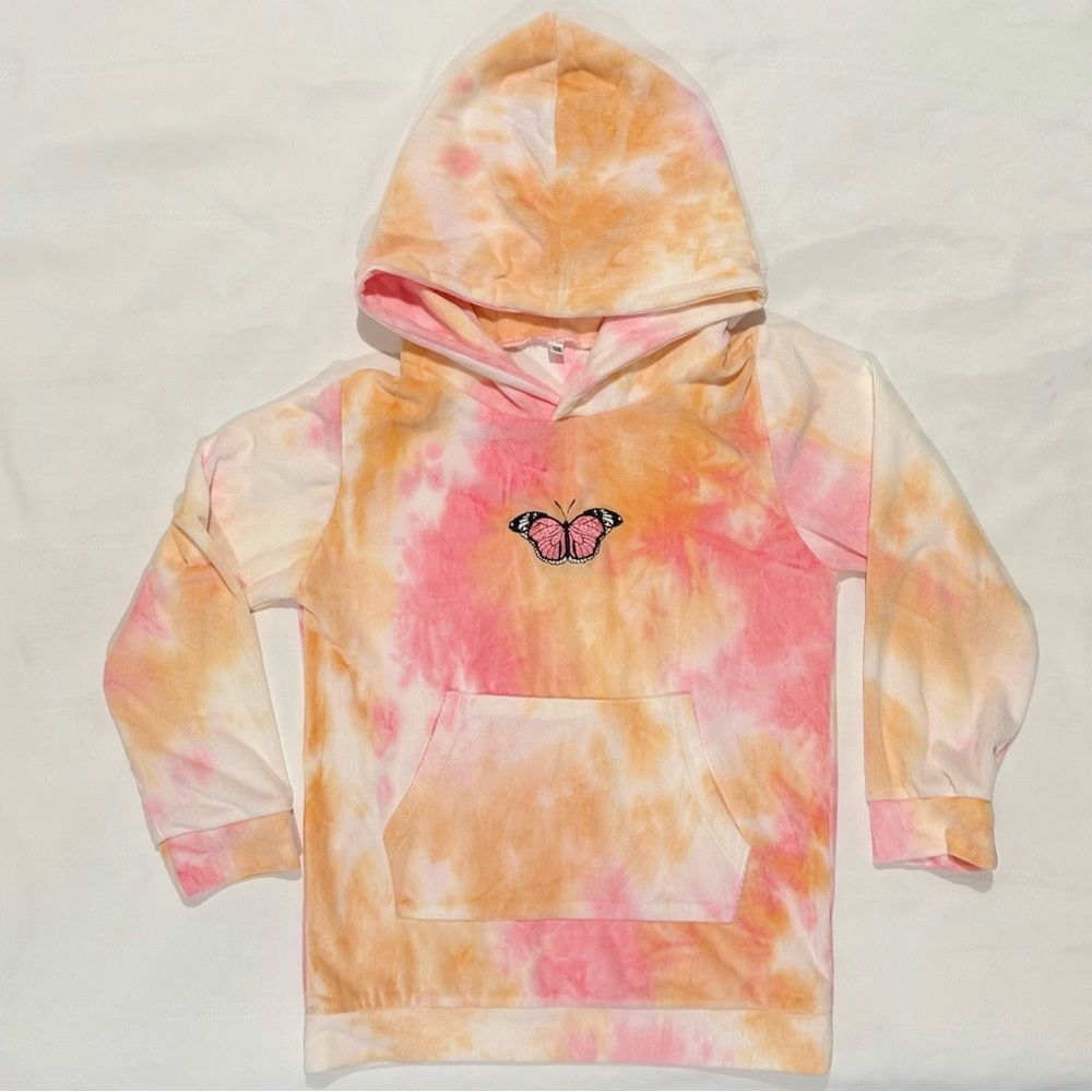 NEW Velour Tie Dye Butterfly Hoodie Sweatshirt Girls S 7-8 Orange Pink Hood